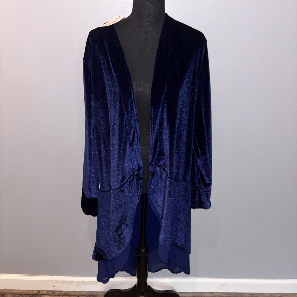 Urban CoCo Navy Blue Velvet Duster Kimono Asymmetric‎ Chiffon Hem Size XL NWT
